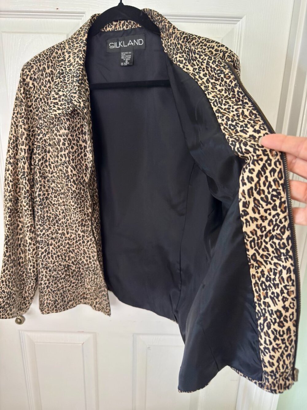 Silkland 100% Silk Leopard Print Zip Front Jacket Women's Size 12 - Picture 3 of 4